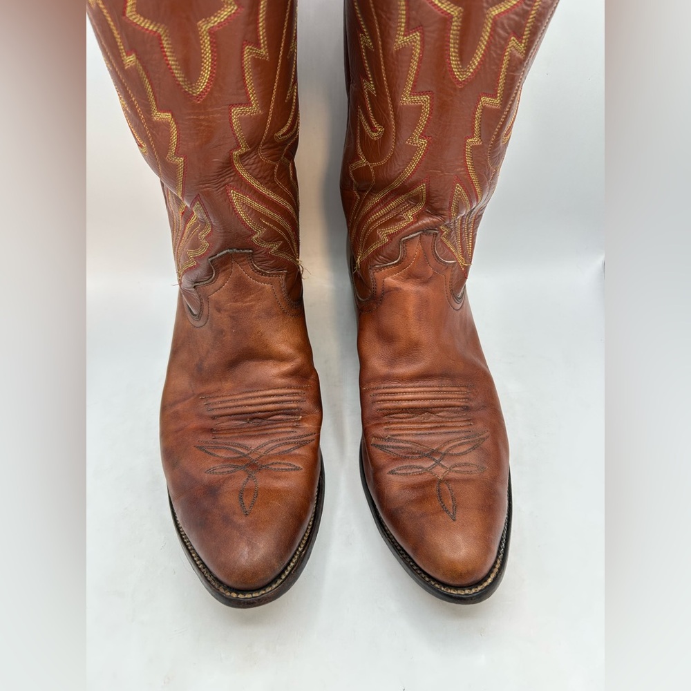VINTAGE Diamond J JUSTIN Western Cowboy Brown Leather Boots WM’S Size US 12.5 - Picture 5 of 14